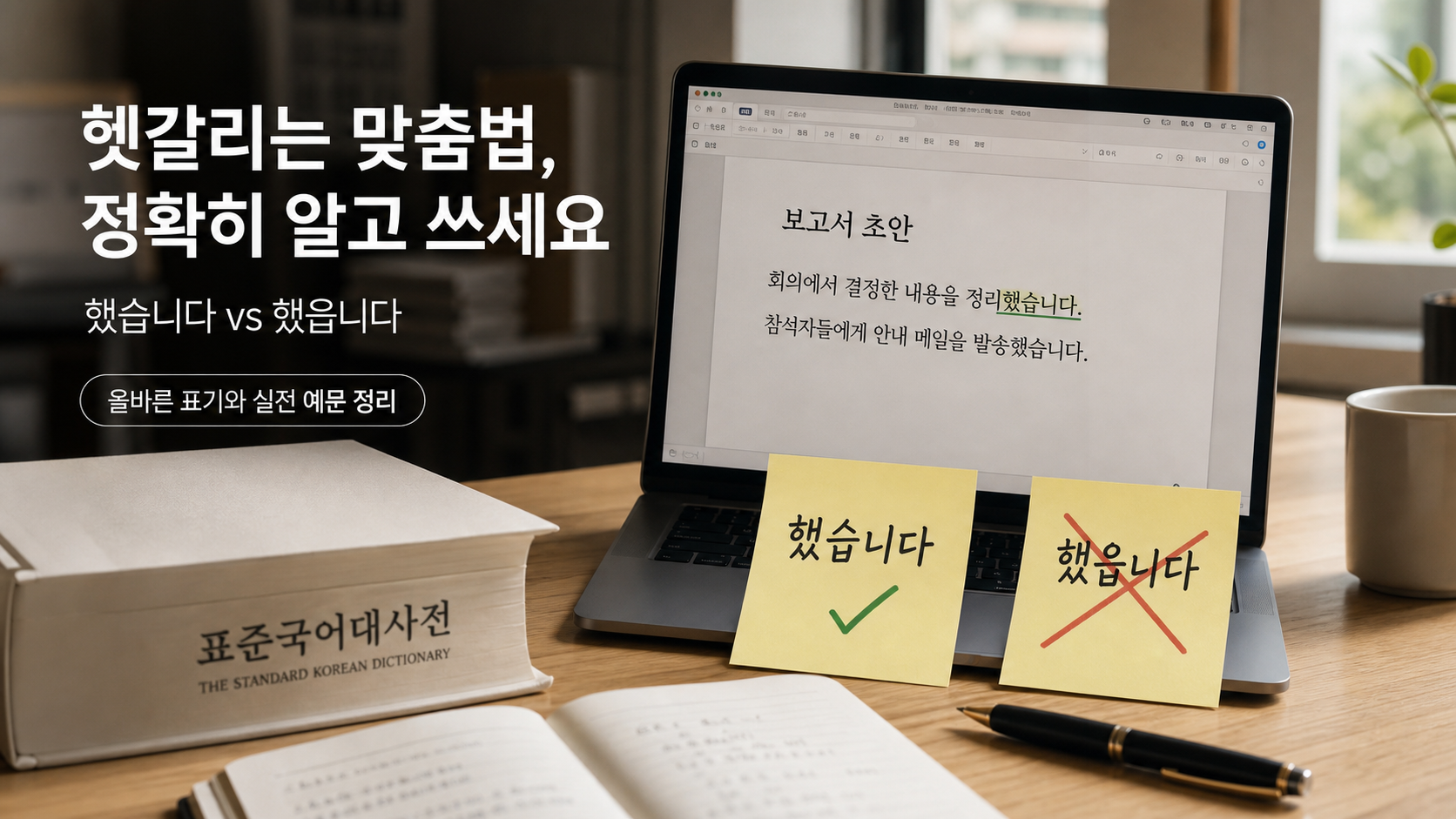 노트북 문서에서 했읍니다를 했습니다로 교정하는 맞춤법 확인 장면