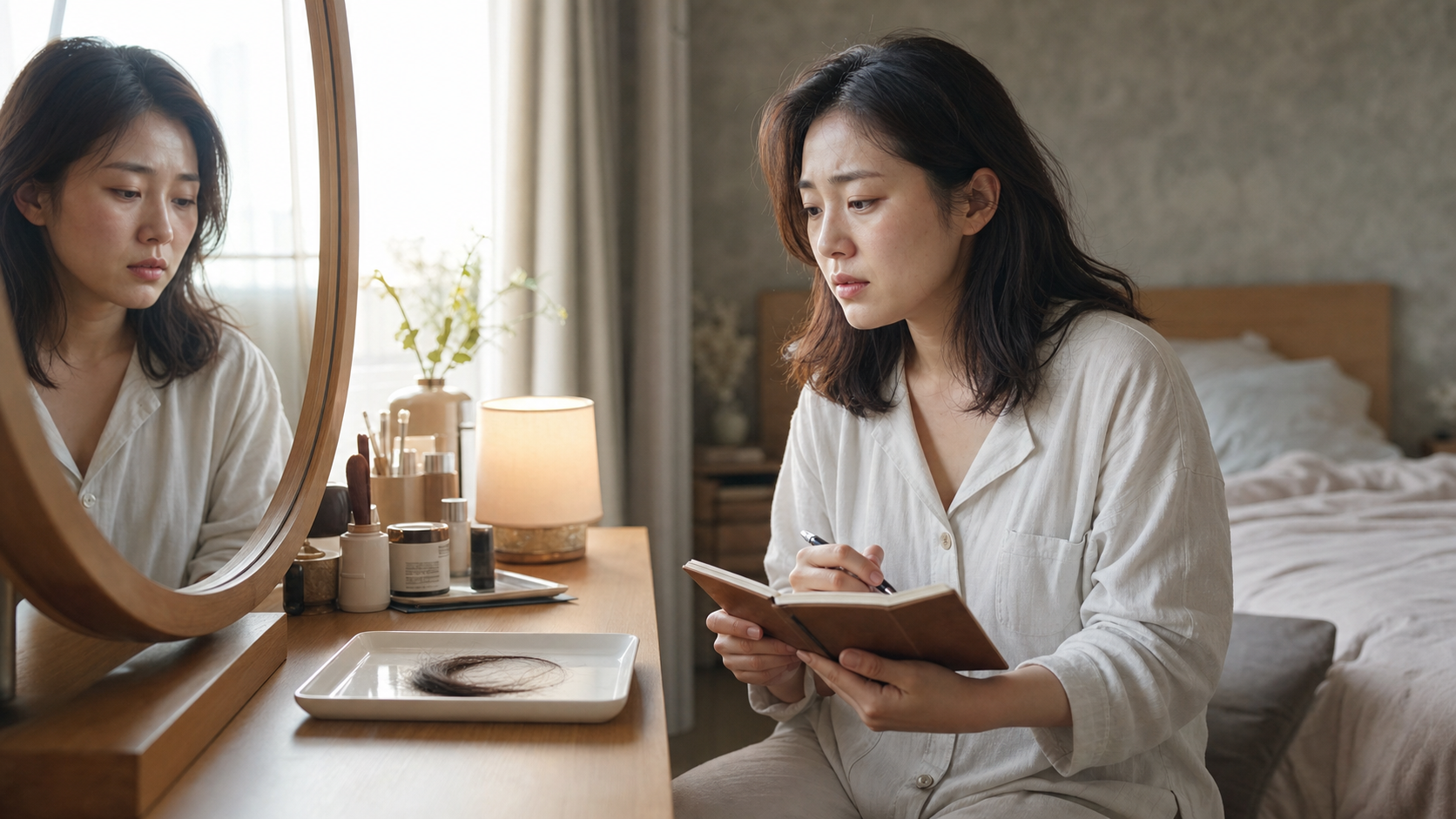침실 화장대 앞에서 잘린 머리카락과 꿈 기록장을 보며 생각하는 사람