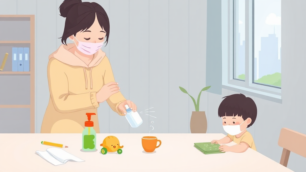 가정에서 장난감과 식탁을 소독하고 개인 수건을 분리하는 모습