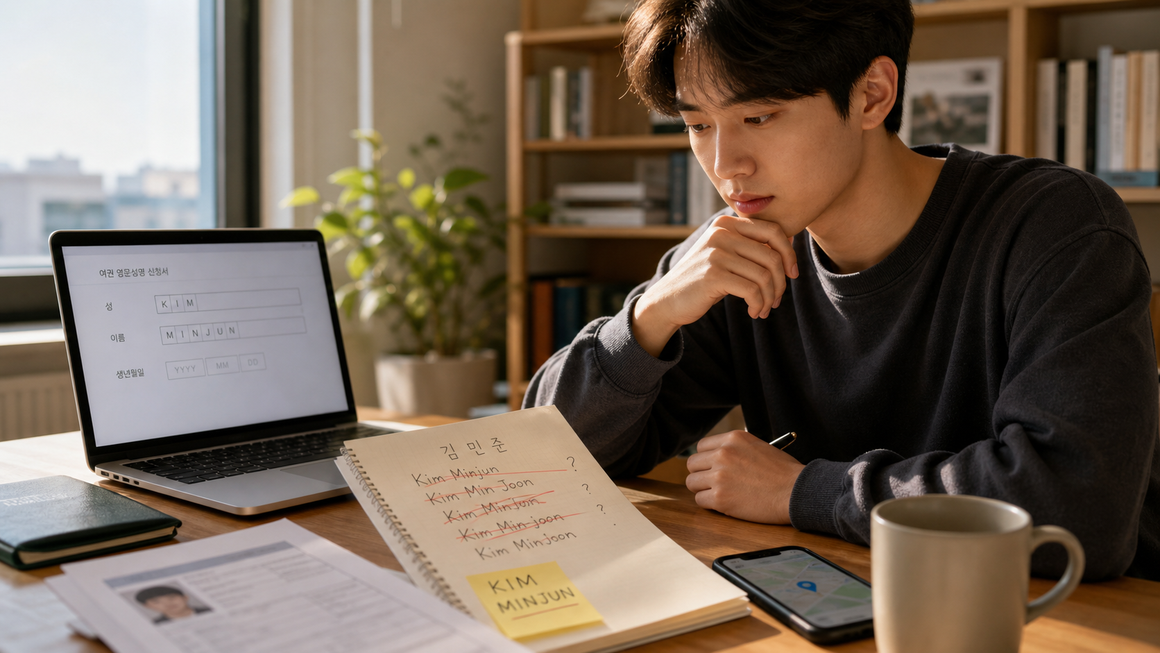 한글 이름을 영어 알파벳으로 바꾸기 위해 노트북과 서류를 놓고 표기 후보를 비교하는 장면