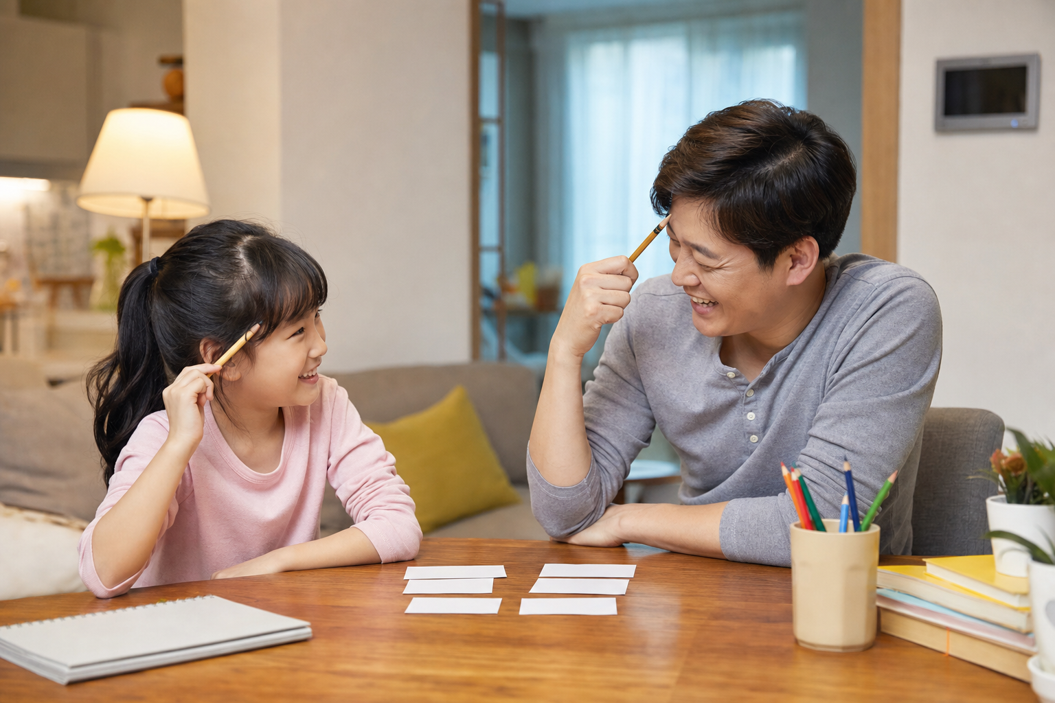 가족이 집에서 넌센스퀴즈를 함께 푸는 장면