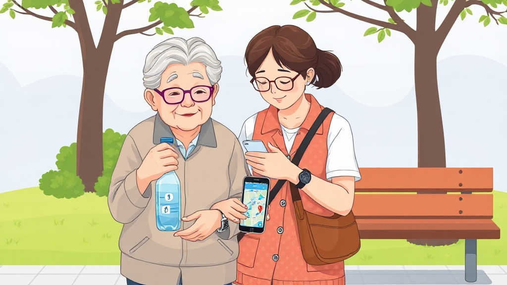 어르신과 보호자가 스마트폰으로 무더위쉼터 위치를 확인하는 장면