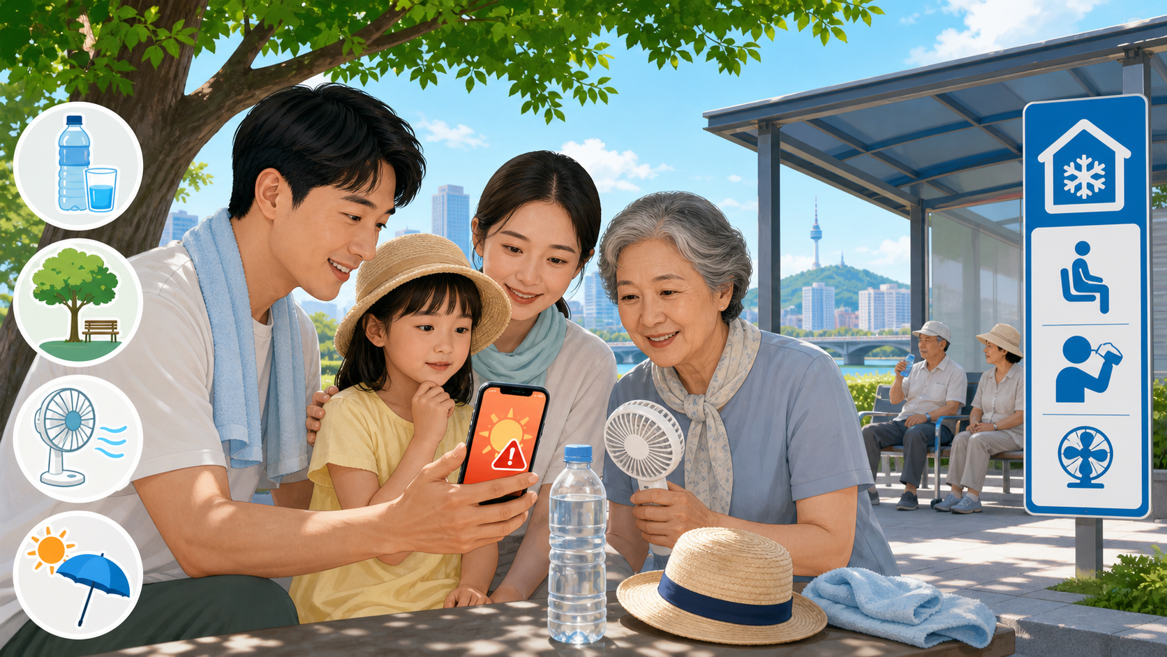 스마트폰 폭염 알림을 확인하는 가족과 물병, 그늘, 무더위쉼터 아이콘이 있는 건강 안내 이미지