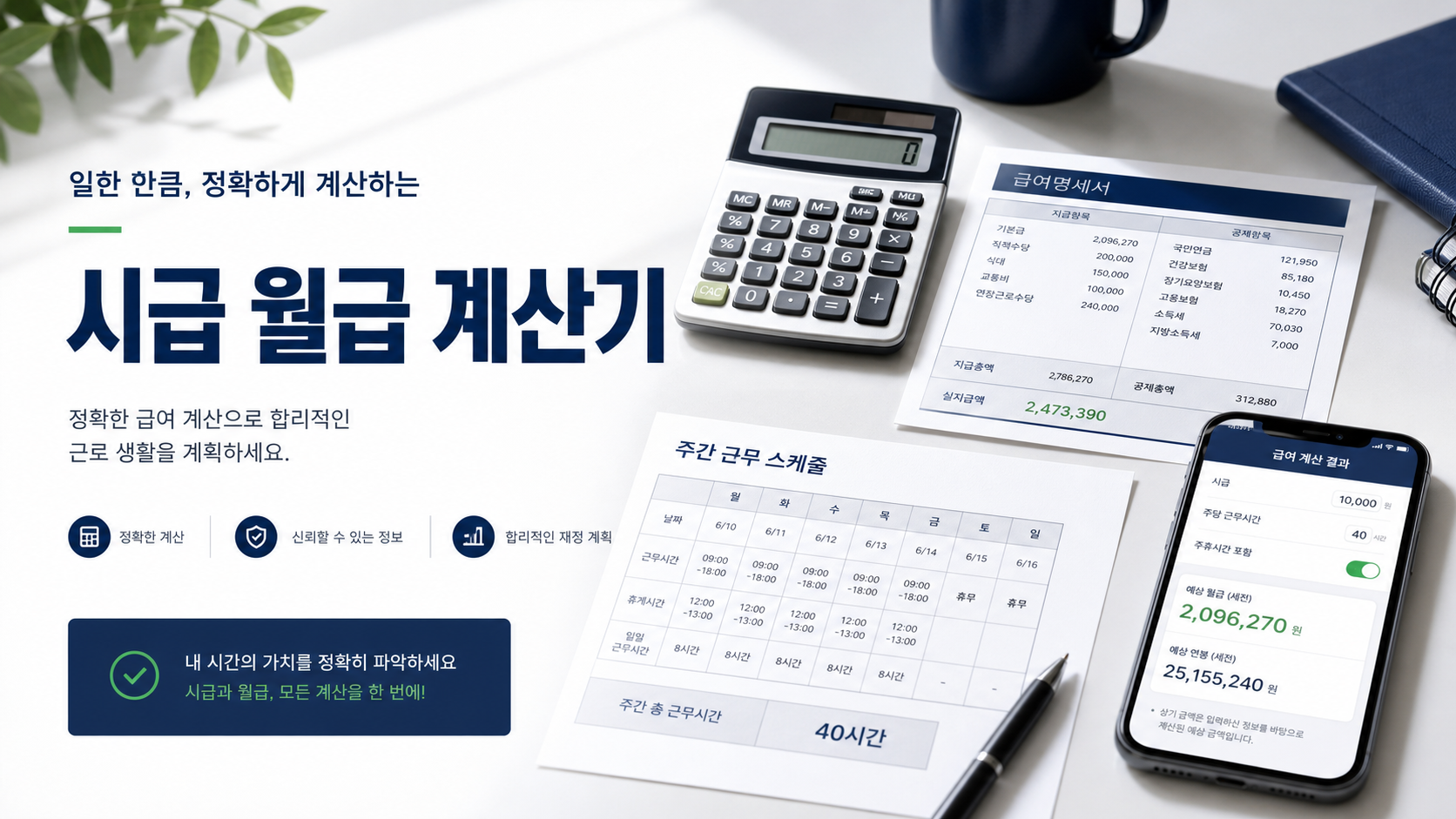 시급 월급 계산기와 급여명세서, 주간 근무표를 보여주는 대표 이미지