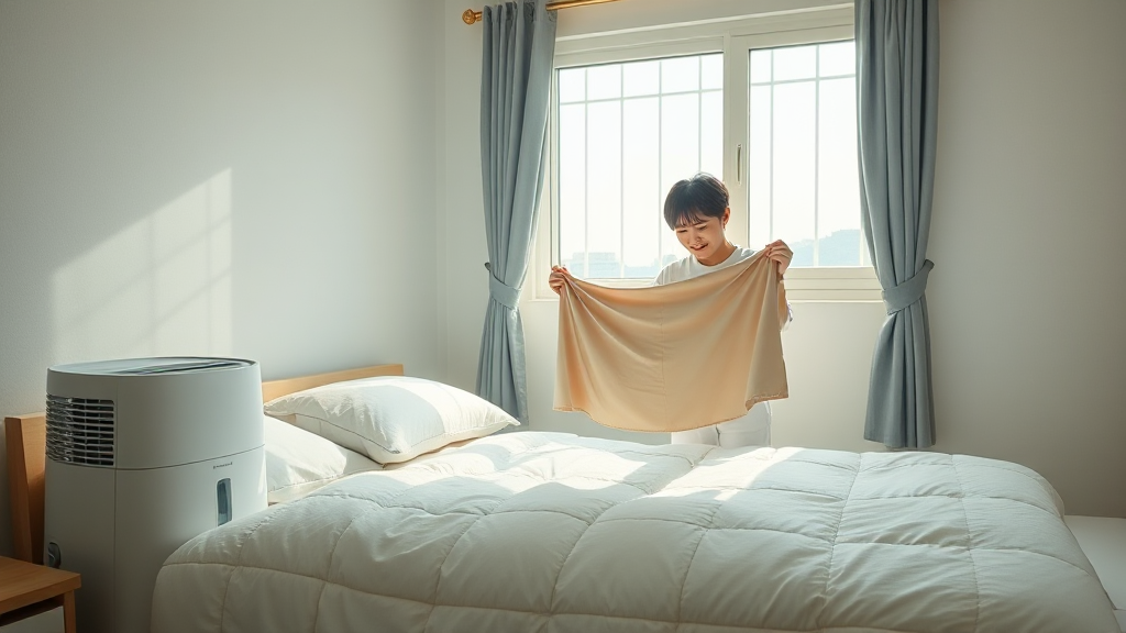 침구를 건조하고 관리하는 모습