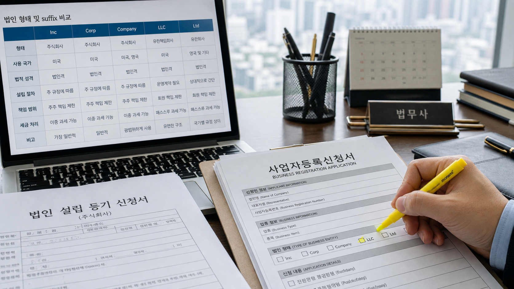 Inc Corp Company LLC Ltd 영문 회사명 접미사를 표로 비교하는 업무 서류