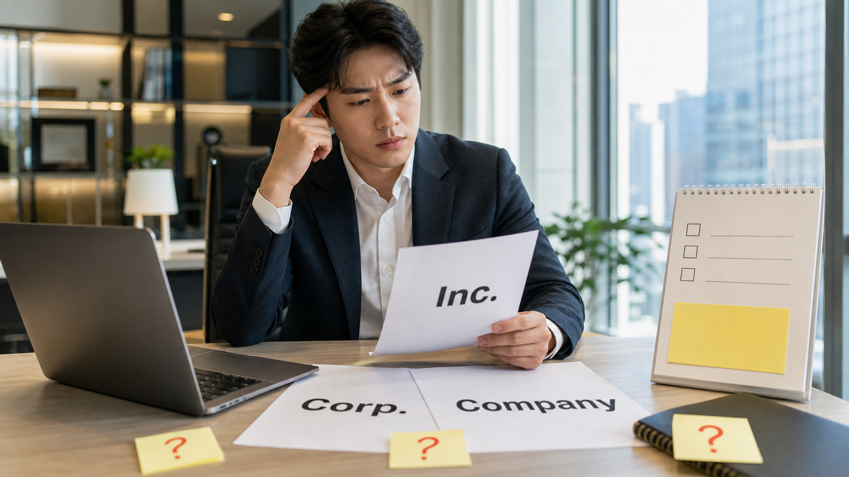 Incorporated Corporation Company 차이를 서류와 노트북으로 비교하는 실제 창업 준비 장면