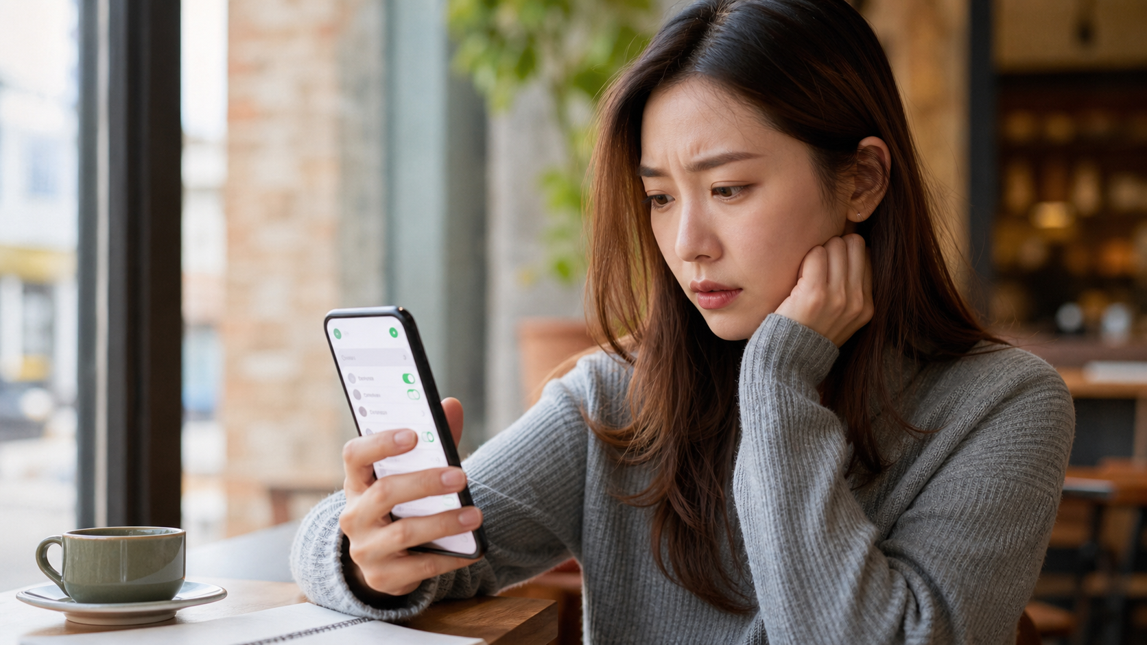 카페에서 인스타그램 활동중 표시 노출을 걱정하며 스마트폰 개인정보 설정을 확인하는 모습