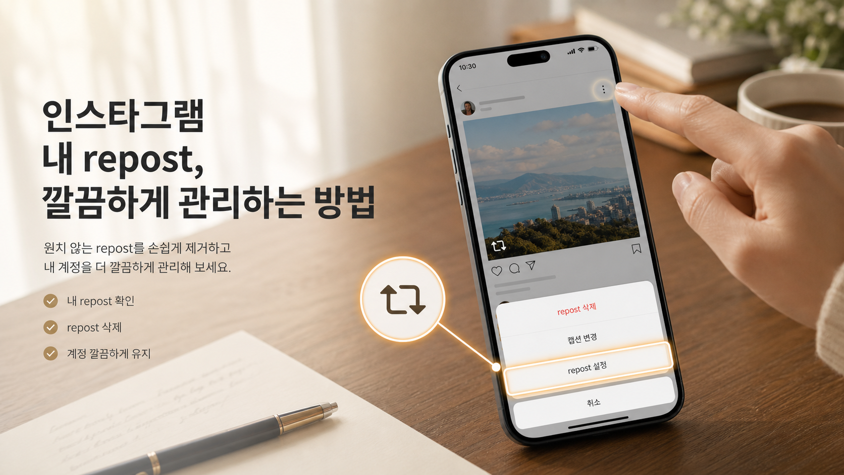 인스타그램 비슷한 SNS 화면에서 잘못 리포스트한 게시물을 삭제하려고 메뉴를 확인하는 모습