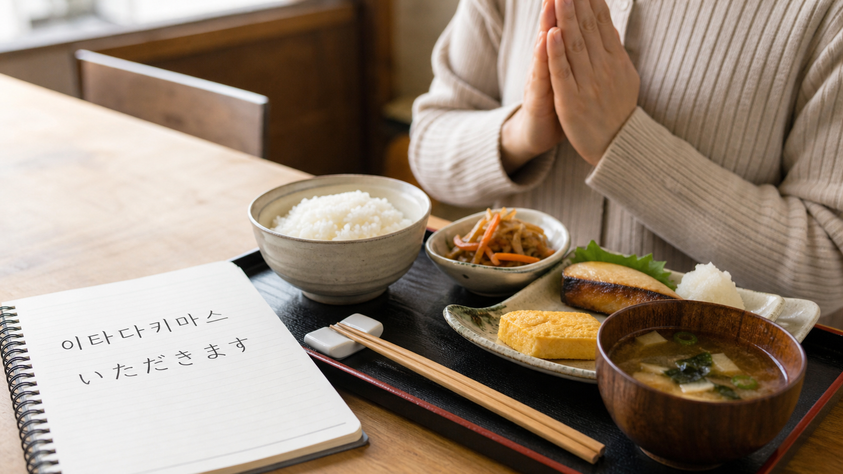식사 전 노트에 いただきます와 이타다키마스를 적어 확인하는 장면