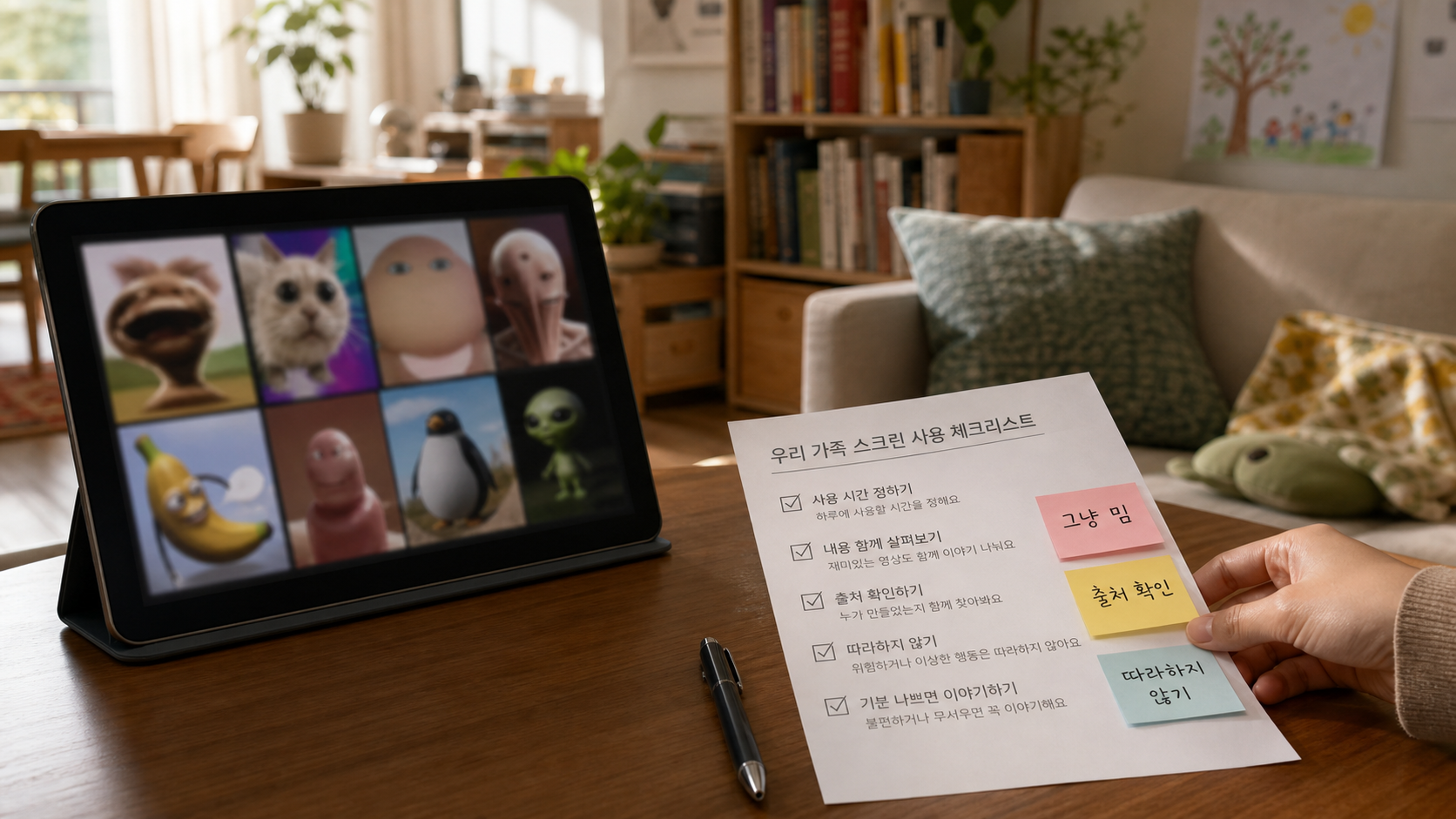 거실에서 태블릿 밈 영상을 보며 출처 확인과 따라하지 않기 체크리스트를 놓고 대화하는 장면