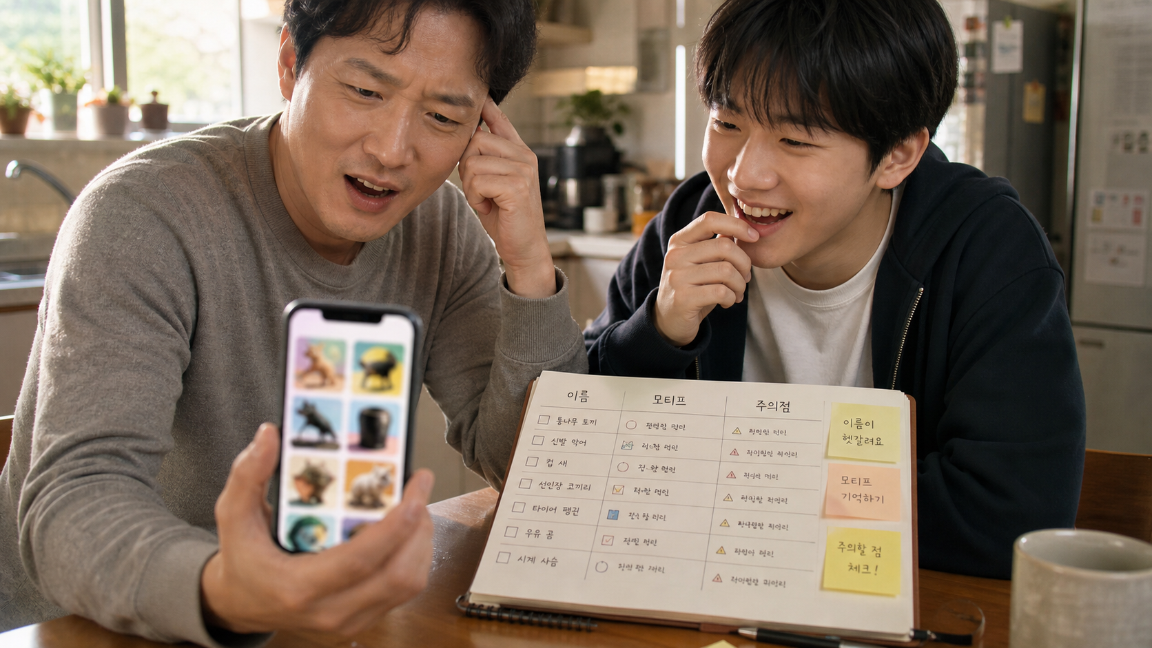 부모와 아이가 식탁에서 이탈리안 브레인롯 밈 영상을 보며 이름과 모티브를 노트에 정리하는 장면