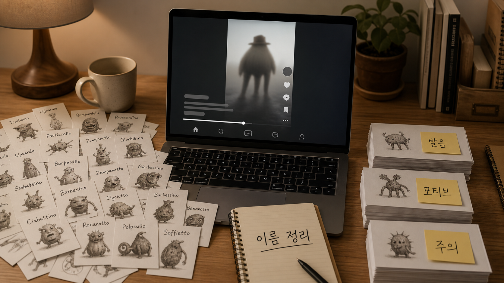 책상 위 노트북과 카드에 이탈리안 브레인롯 밈 이름, 모티브, 주의점을 분류해 둔 장면
