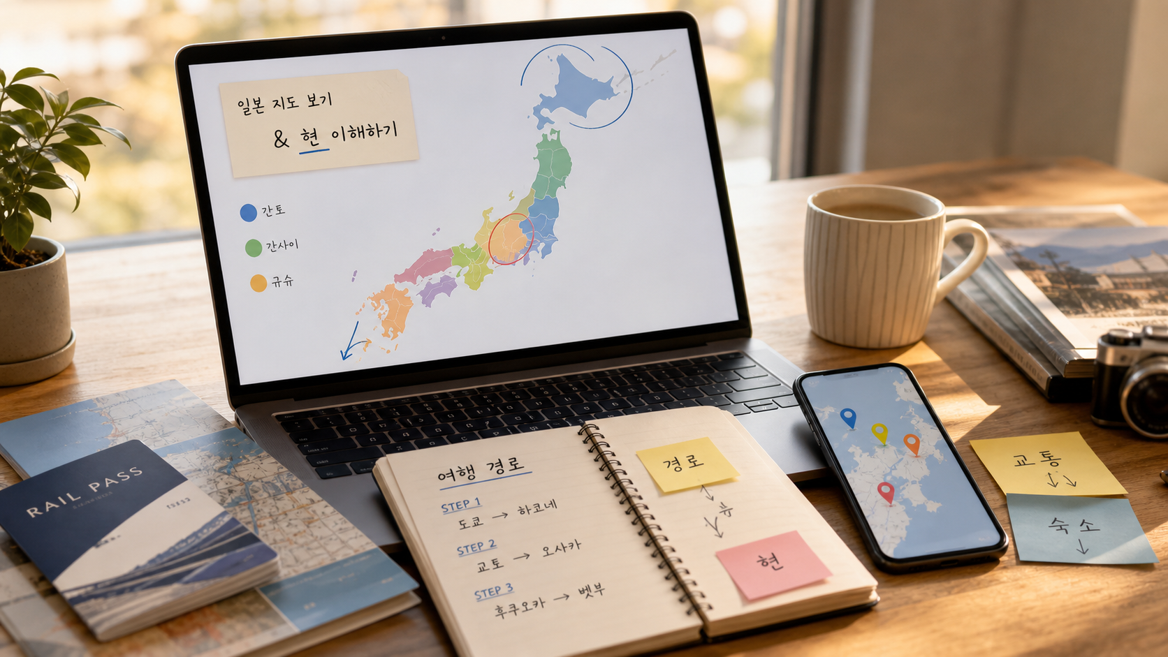 노트북과 여행 노트로 일본 전국 지도와 지역 동선을 함께 확인하는 장면