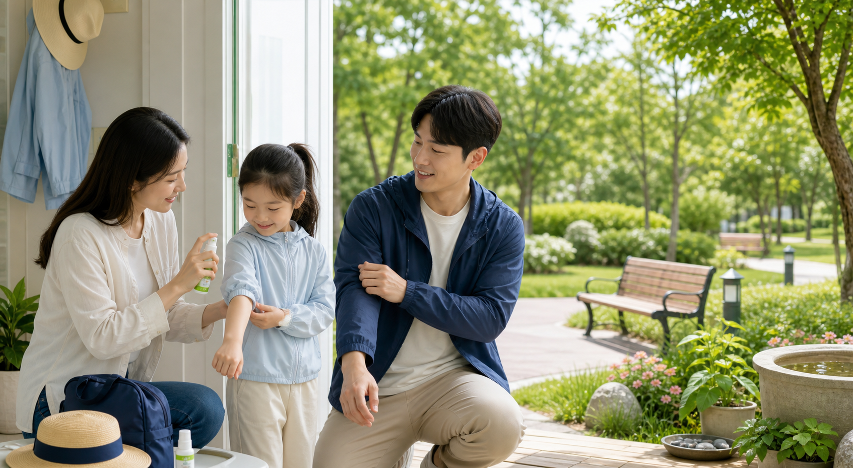 여름철 일본뇌염 예방을 위해 가족이 모기 기피제와 긴 옷을 준비하는 이미지
