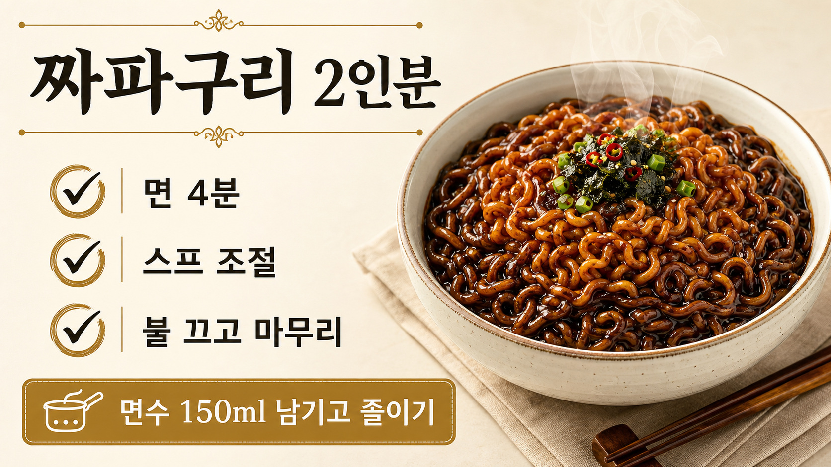 짜파구리 2인분 조리 핵심인 면수 150ml와 스프 조절을 표시한 정보 카드