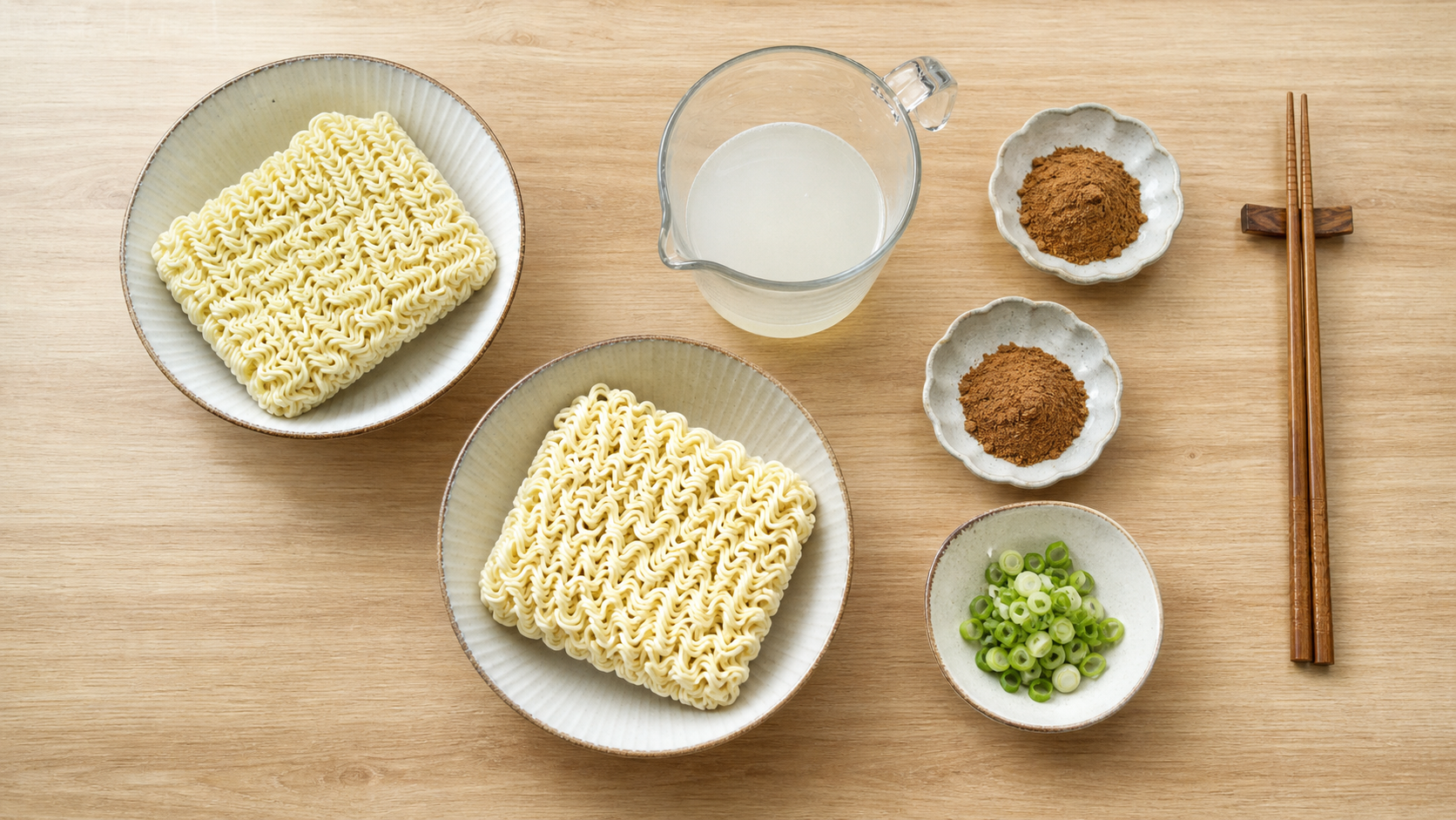 면수 계량컵과 재료를 준비한 짜파구리 조리 준비 장면