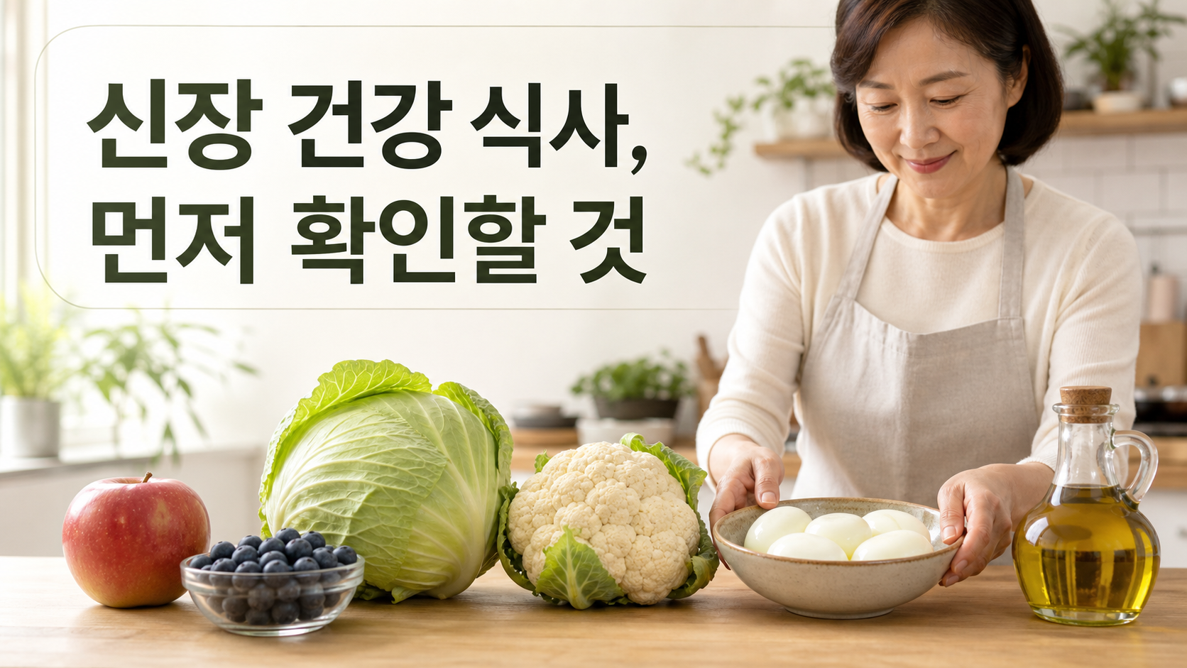 신장 건강 식사를 위해 사과와 채소를 준비하는 모습