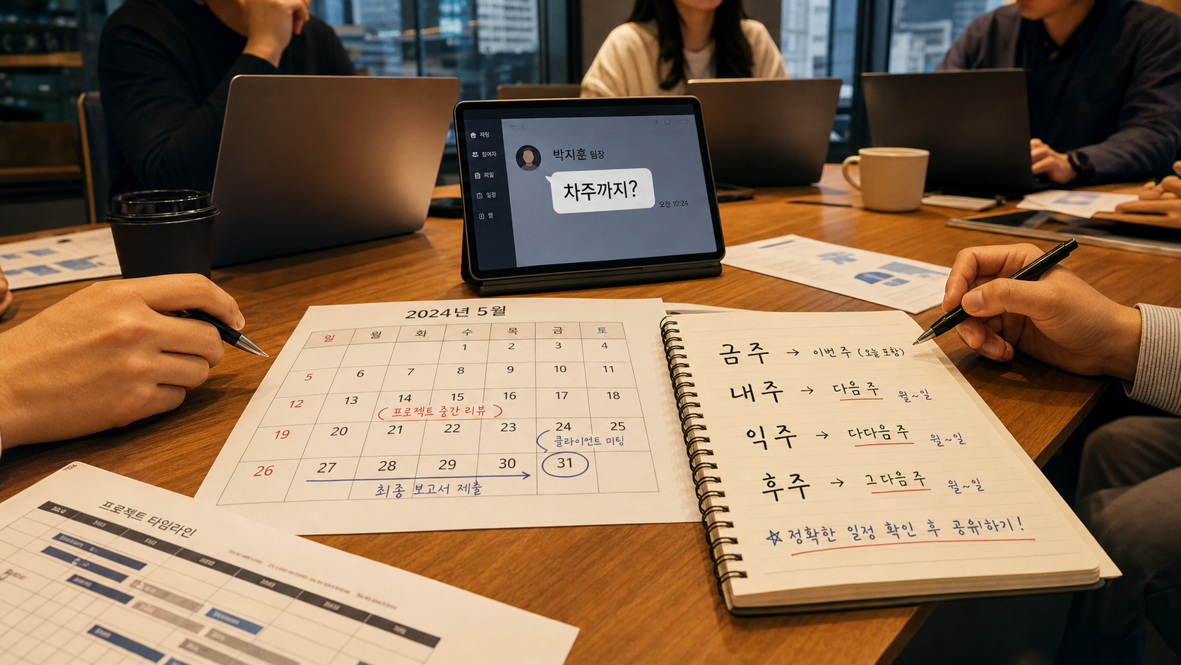 회의 테이블에서 차주까지라는 메시지를 날짜 일정표와 함께 확인하는 모습