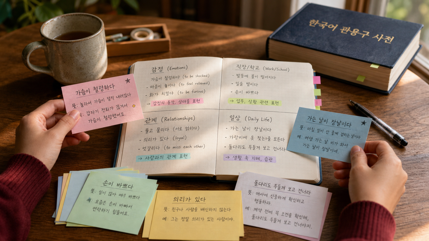 관용 표현을 감정 관계 일상 업무 카테고리별 카드로 나눠 노트에 정리하는 학습 장면