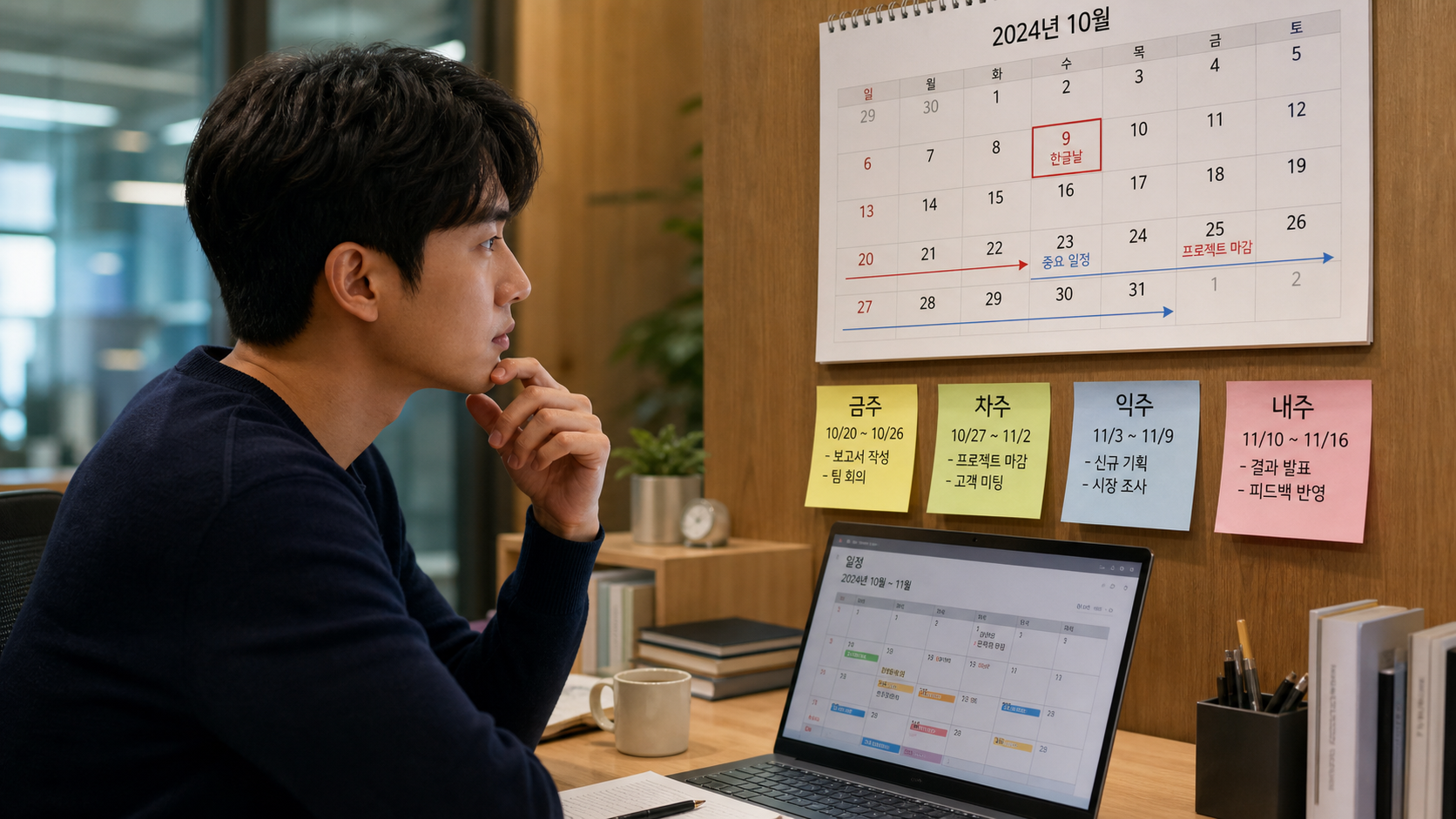 금주 차주 익주 내주가 적힌 일정표를 보며 업무 마감일을 확인하는 장면