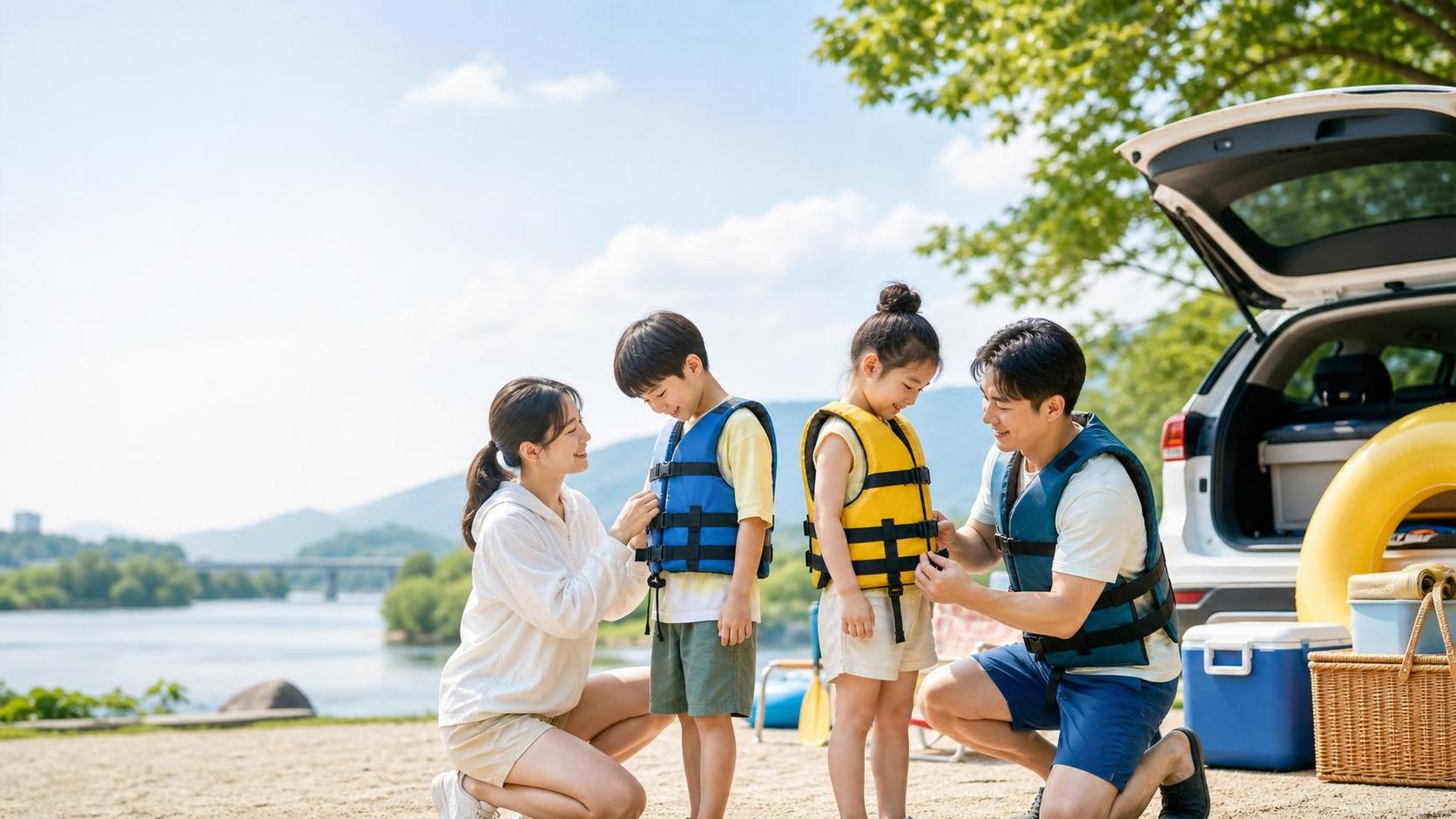 여름 물놀이 전 가족이 구명조끼 무료 대여와 착용 상태를 확인하는 모습
