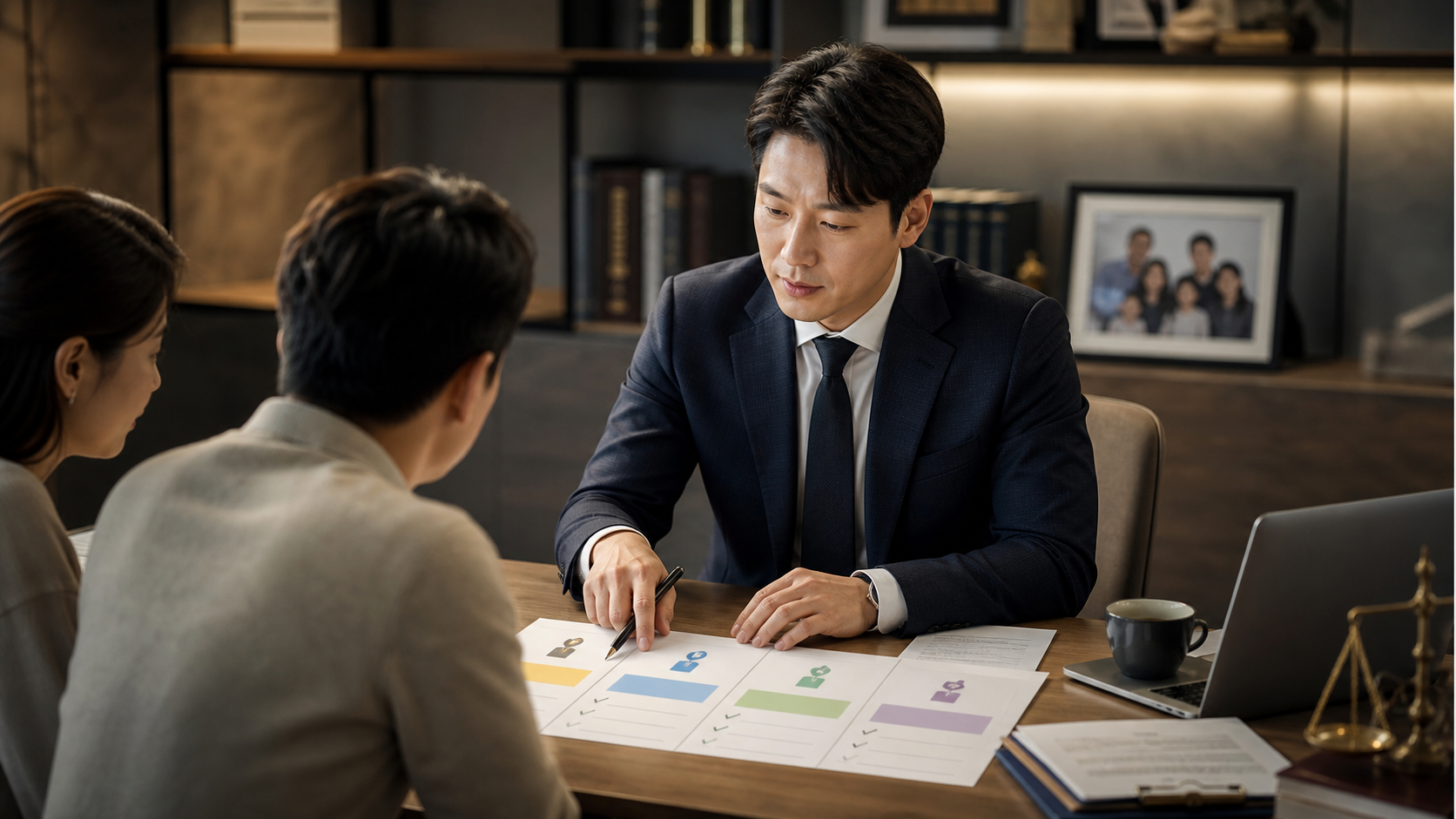 가족관계와 상속 서류 제출 전 직계존비속 체크리스트를 확인하는 상담 장면