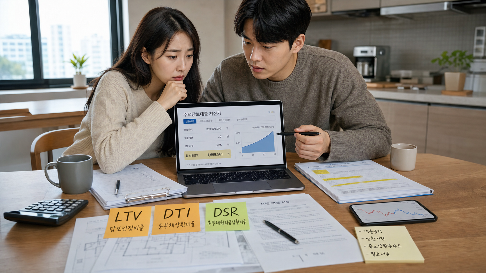 주택담보대출 상담 전 부부가 노트북으로 LTV DTI DSR 한도를 확인하는 실제 상황