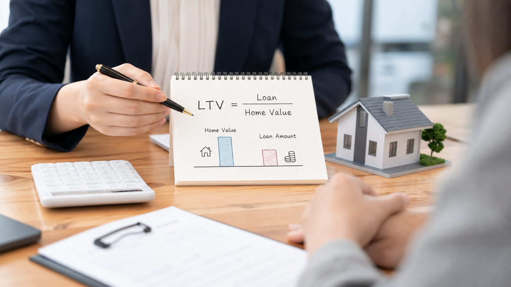 아파트 모형과 계산기로 주택가격 대비 대출금 LTV 비율을 계산하는 장면