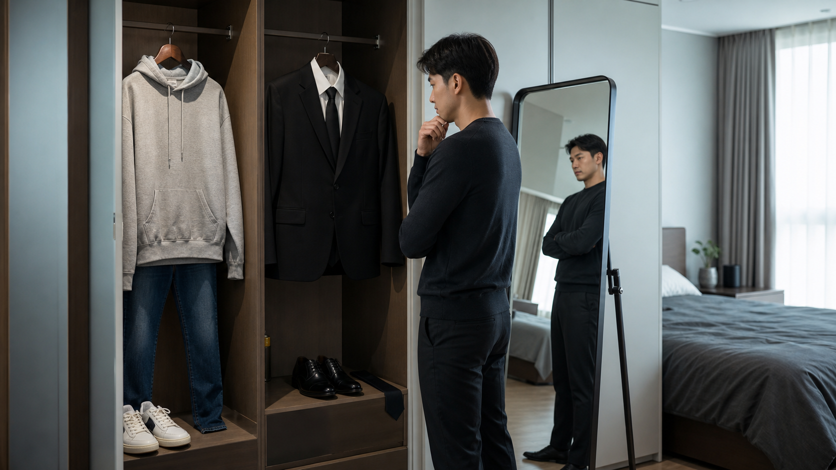 남성이 장례식장에 입을 캐주얼 옷과 어두운 정장 중 단정한 복장을 고르는 상황