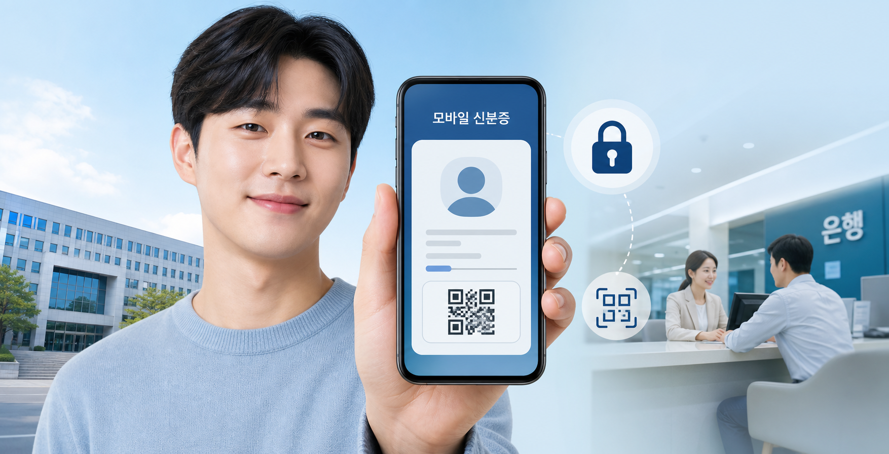 스마트폰의 모바일 신분증 화면과 보안 자물쇠, 관공서와 은행 아이콘이 함께 보이는 안내 이미지