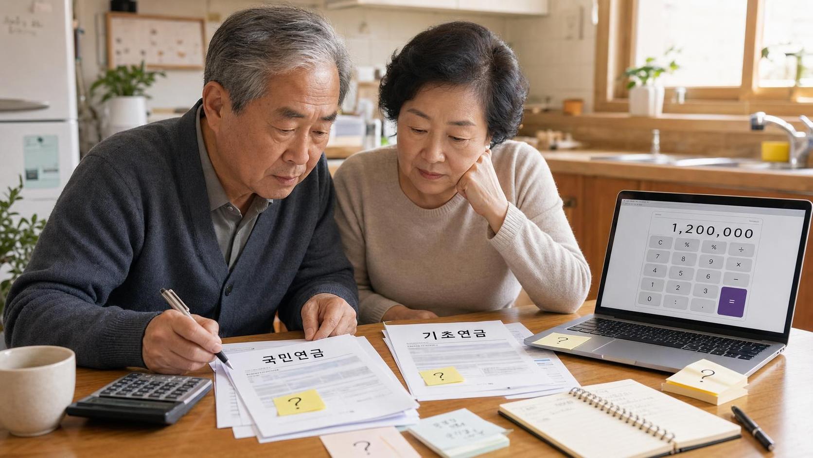 국민연금 60만원과 기초연금 예상액을 비교하려고 노부부가 식탁에서 연금 서류와 계산기를 확인하는 장면