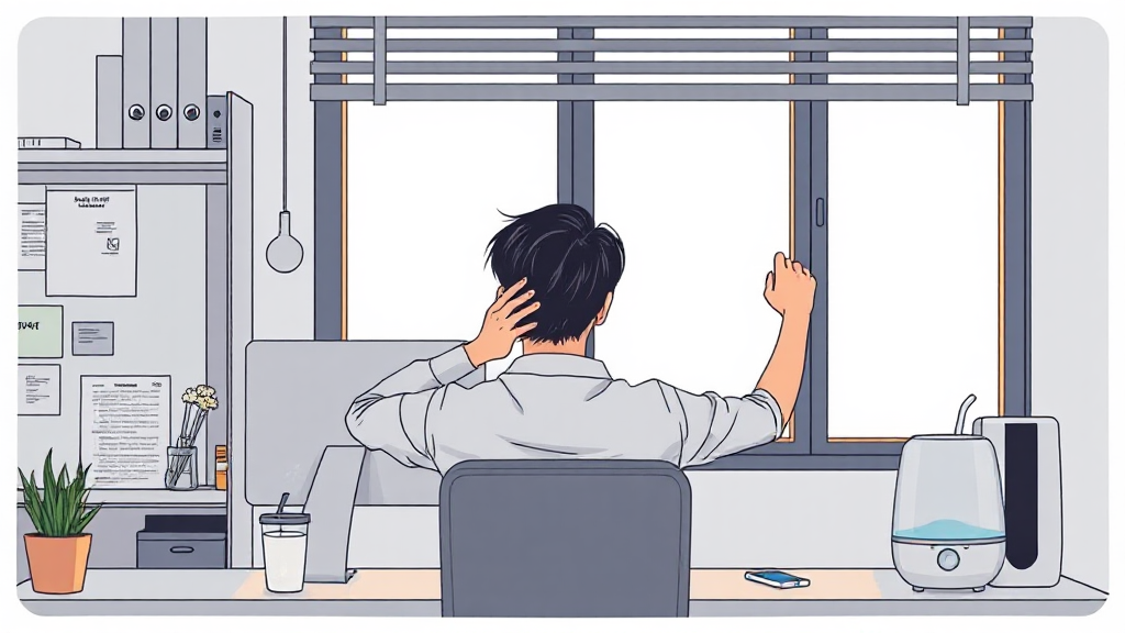 창밖을 보며 눈을 쉬고 목과 손목 스트레칭을 하는 직장인