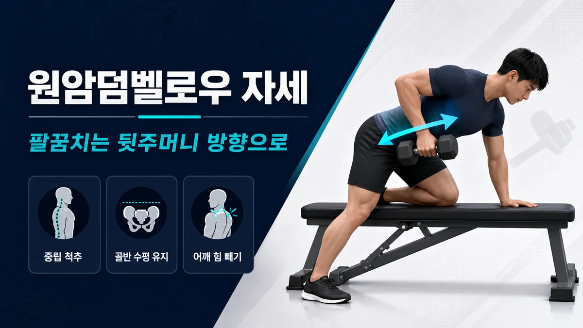 헬스장에서 원암덤벨로우를 하며 등 말림과 어깨 들림을 교정하는 장면