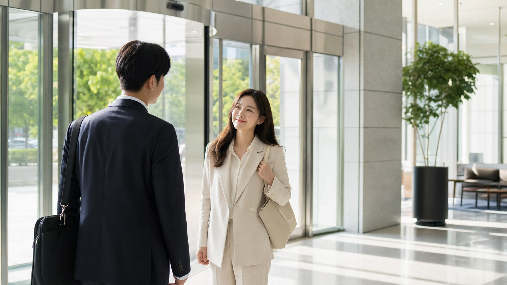 아침에 사무실 로비에서 인사를 나누는 직장 동료