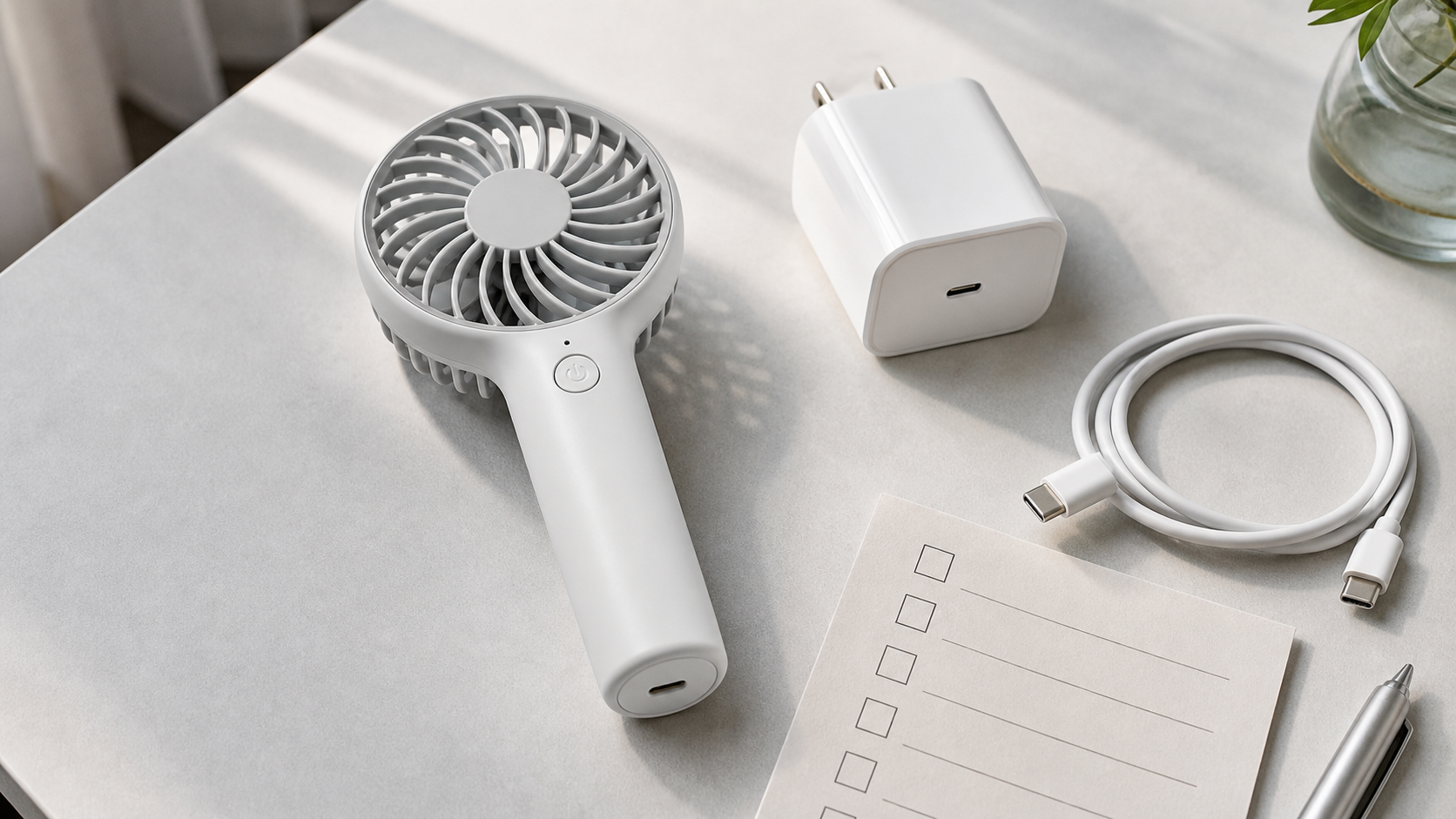 휴대용 선풍기와 USB-C 케이블, 충전기를 평평한 책상 위에서 점검하는 모습