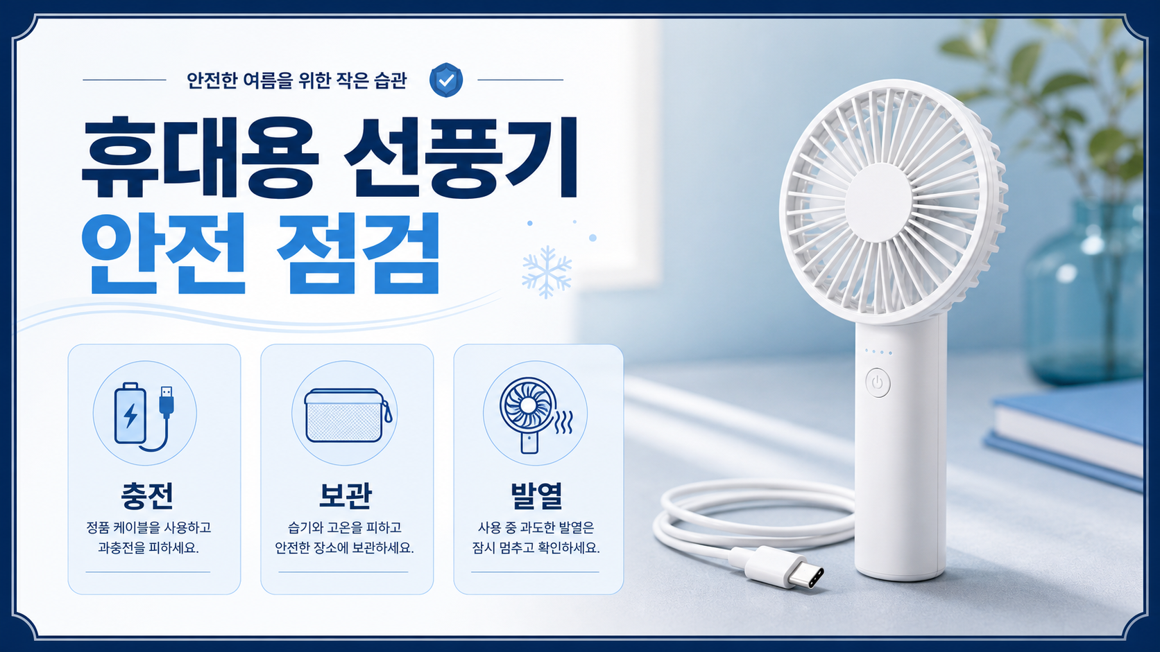 휴대용 선풍기의 충전·보관·발열 점검 항목을 보여 주는 안전 정보 카드