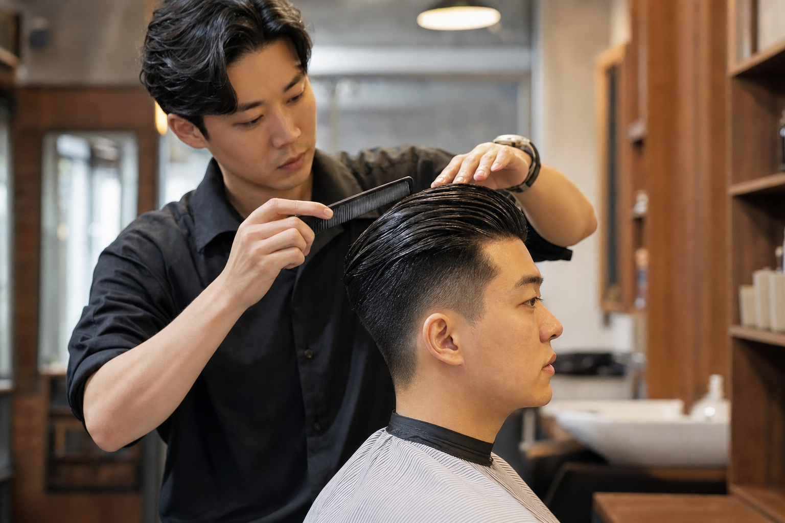 바버가 슬릭 백 언더컷을 손질하는 모습