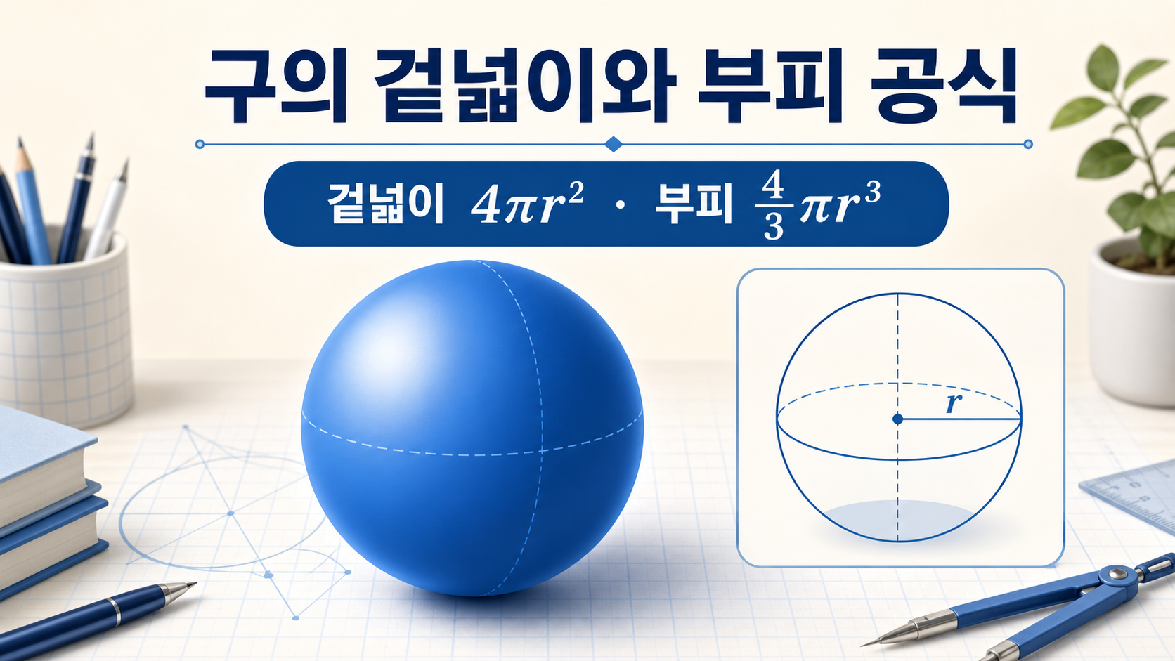 구의 겉넓이와 부피 공식을 보여주는 정보카드