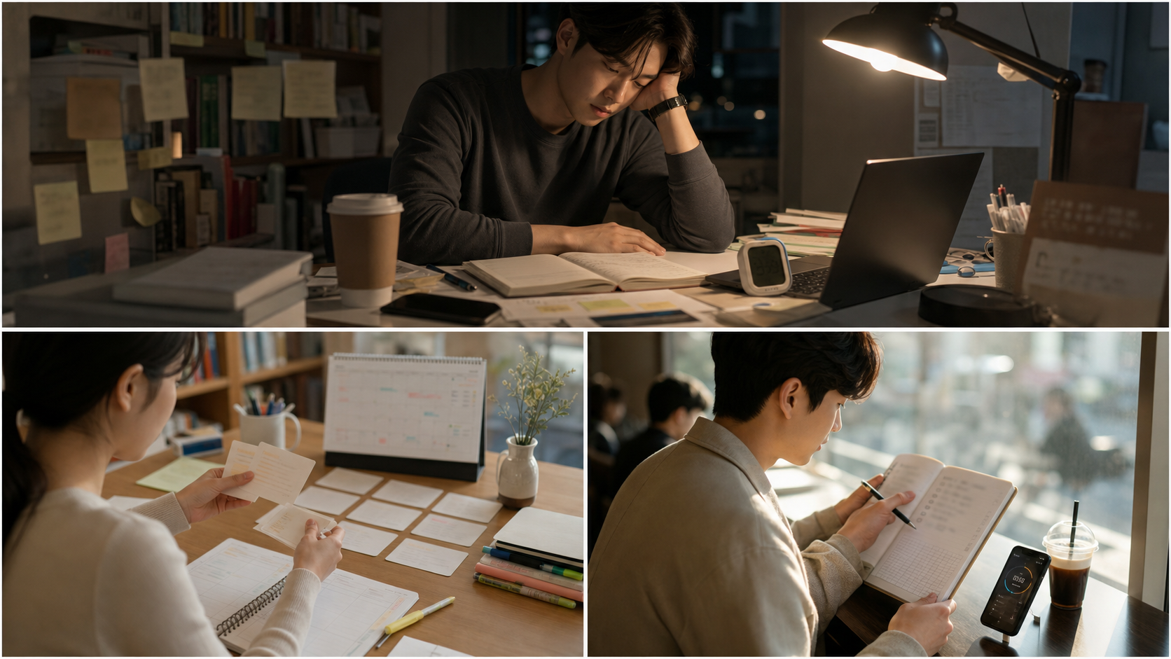 출근 전 카페에서 작은 노트와 타이머로 공부 루틴을 실행하는 성인 학습자