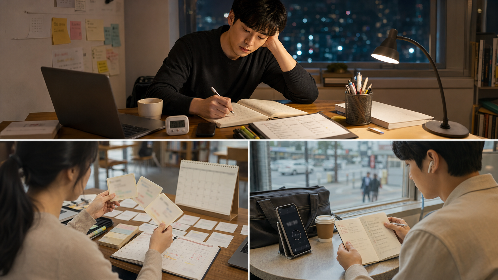 피곤한 성인 학습자가 밤 책상에서 공부 동기부여 명언과 타이머로 다시 집중하는 장면