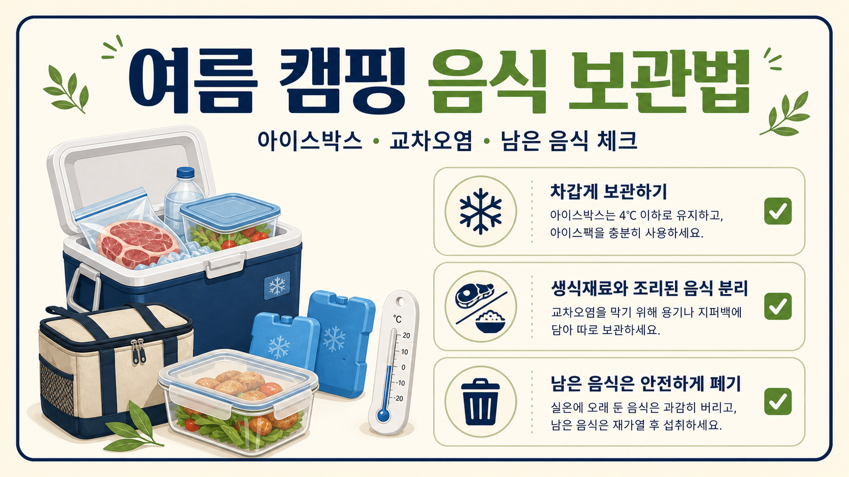 여름 캠핑에서 아이스박스와 밀폐용기에 음식을 안전하게 보관한 모습