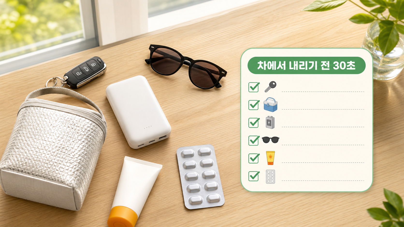 자동차 키와 보조배터리, 안경, 약, 자외선 차단제를 확인하는 하차 전 체크리스트