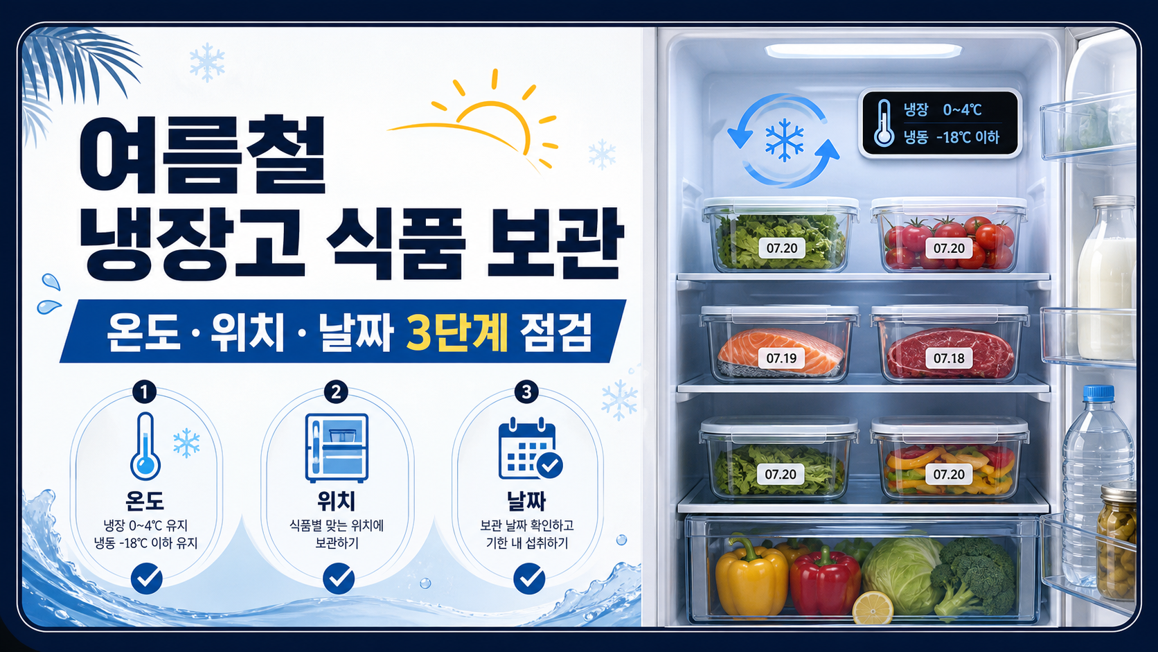 여름철 냉장고 식품 보관의 온도·위치·날짜 3단계 점검 정보 카드