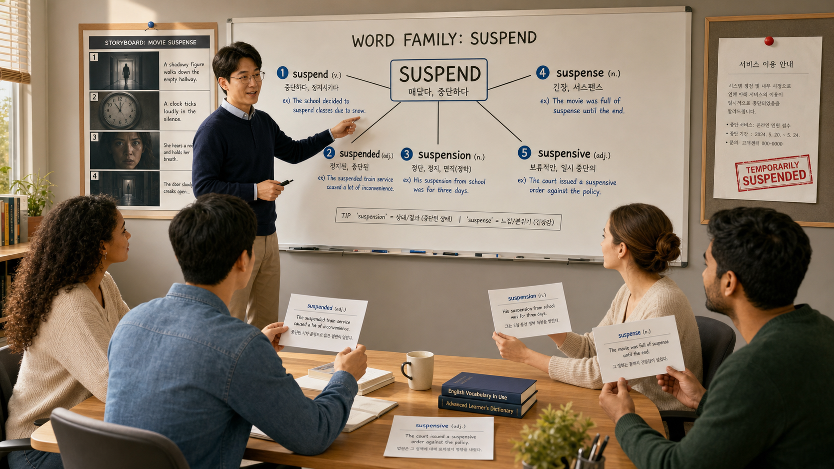 suspend에서 suspension과 suspense로 이어지는 단어 가족을 설명하는 교실 이미지