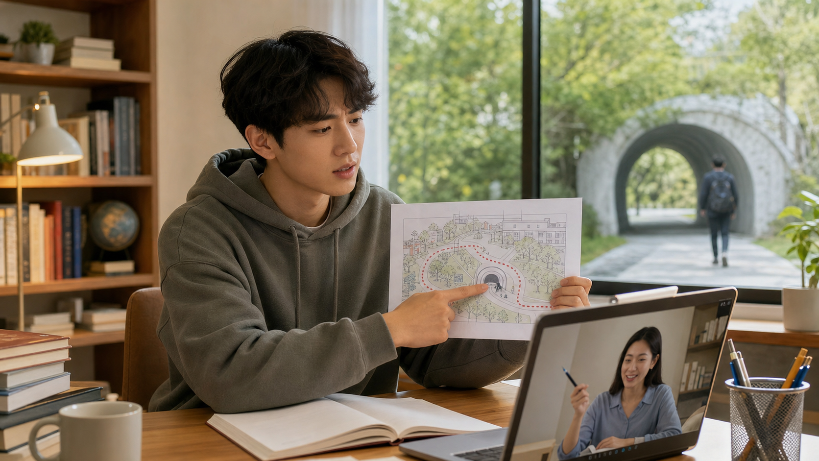 영어 수업 중 터널을 통과하는 경로 그림을 보며 through를 학습하는 모습