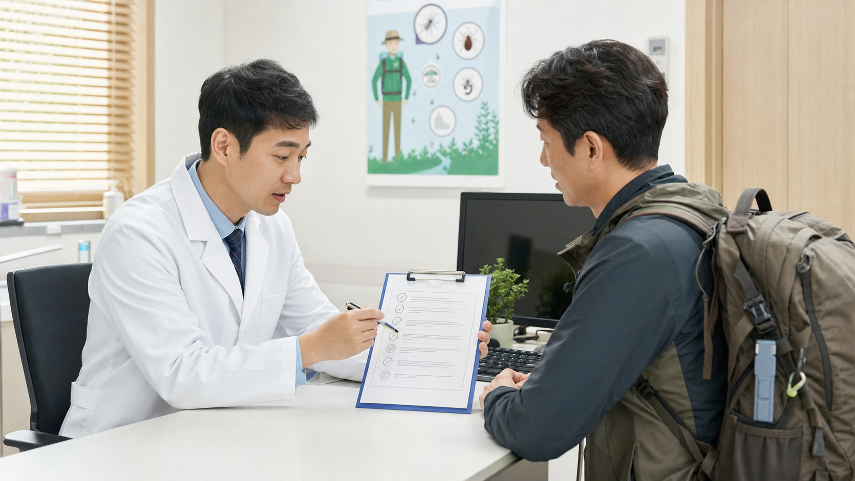 의료진과 진드기 물림 증상을 상담하는 모습