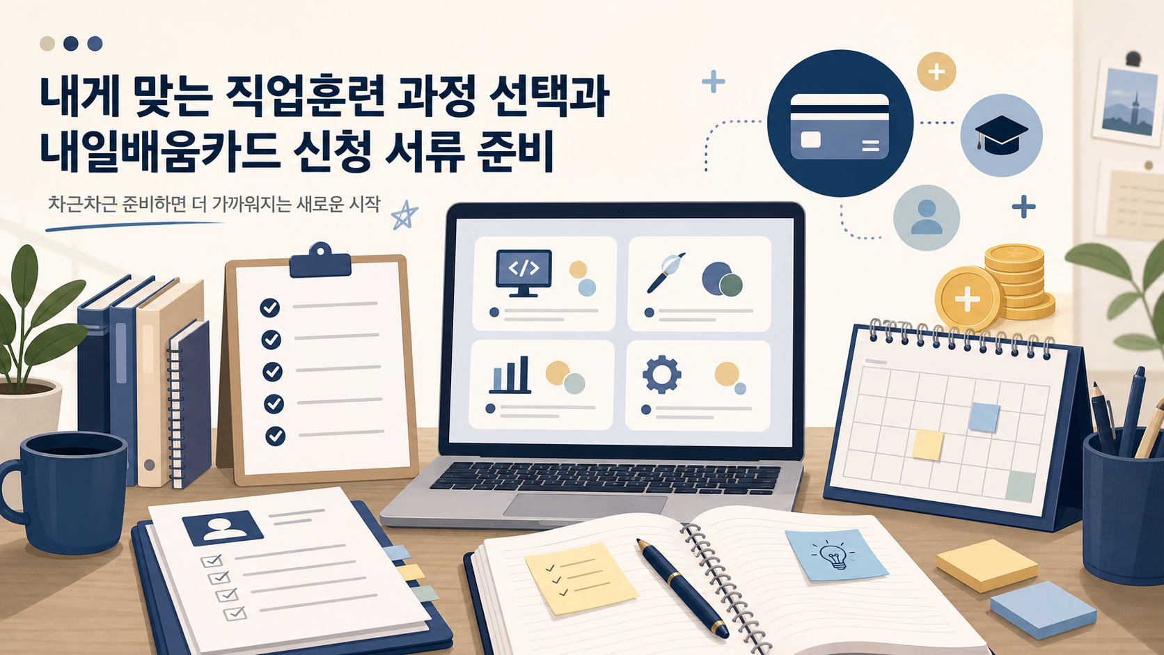 국민내일배움카드 과정 선택과 신청 서류를 점검하는 이미지