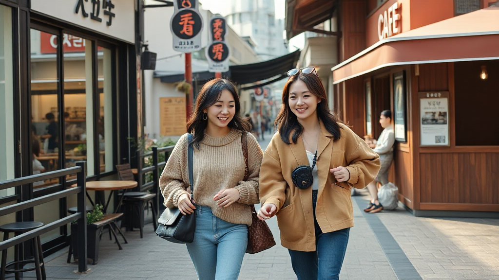 주말 카페 거리에서 편안한 옷차림으로 걷는 친구들