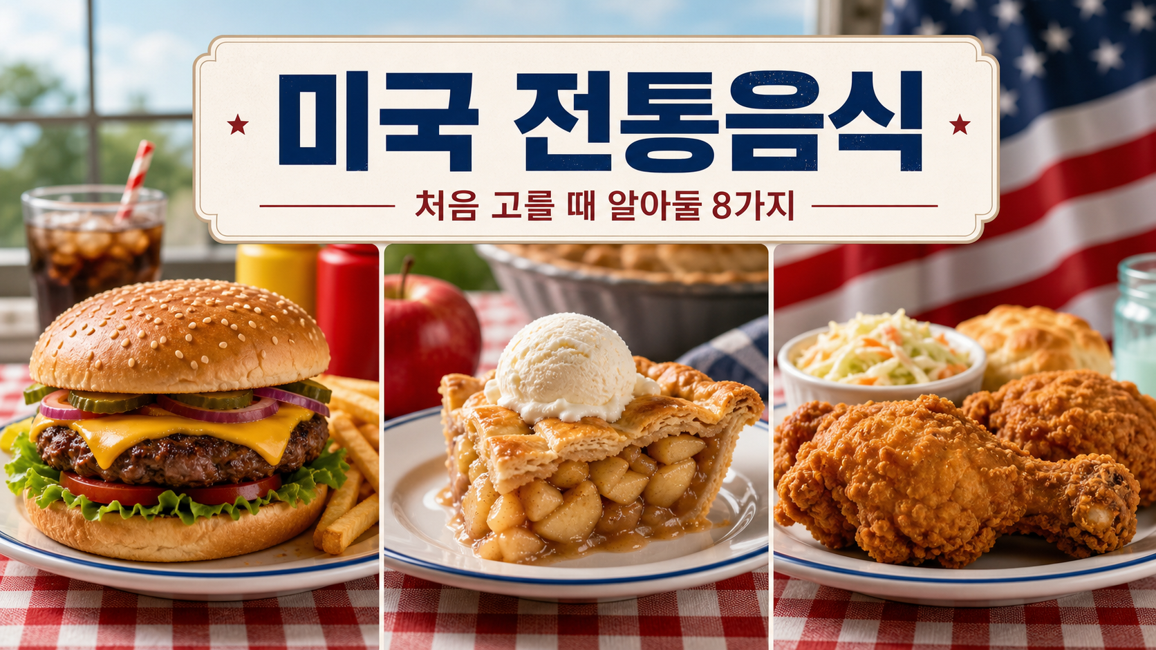 햄버거와 애플파이, 프라이드치킨으로 구성된 미국 전통음식 안내 카드